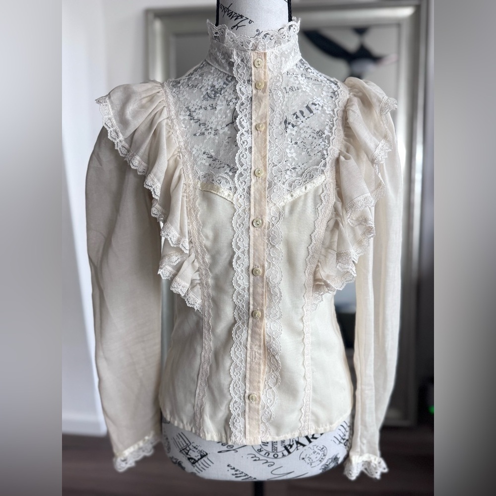 Vintage 70s 80s Gunne Sax Jessica Gunnies Lace Blouse Victorian Cottage Prairie